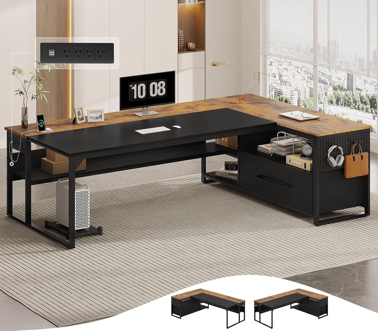 71" Executive Desk, Large Office Desk with Widen File Drawers & Power Outlets, Reversible L Shaped Computer Desk Corner Desk with Storage Shelves, CPU Stand, Hooks, Business Furniture