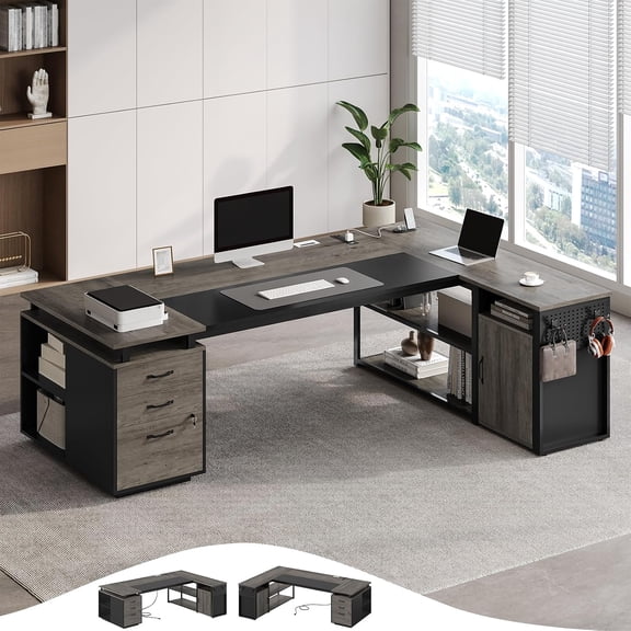 71" Executive Desk with Lockable File Cabinet, L Shaped Office Desk with Power Outlets, Large Reversible Computer Desk with Drawers, Storage Shelves & Privacy Screen, Corner Workstation, Walnut