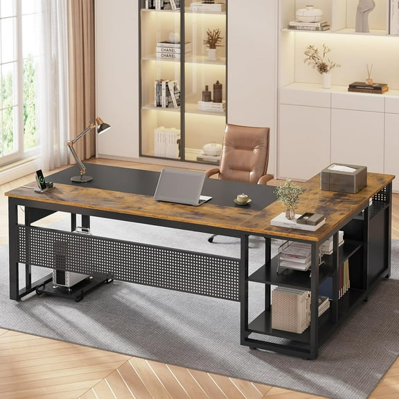 71 in Executive Desk with Power Outlets, Large Office Desk Computer Desk with Pegboard,Reversible L Shaped Desk with File Drawers & Storage Shelves, Mobile CPU Stand