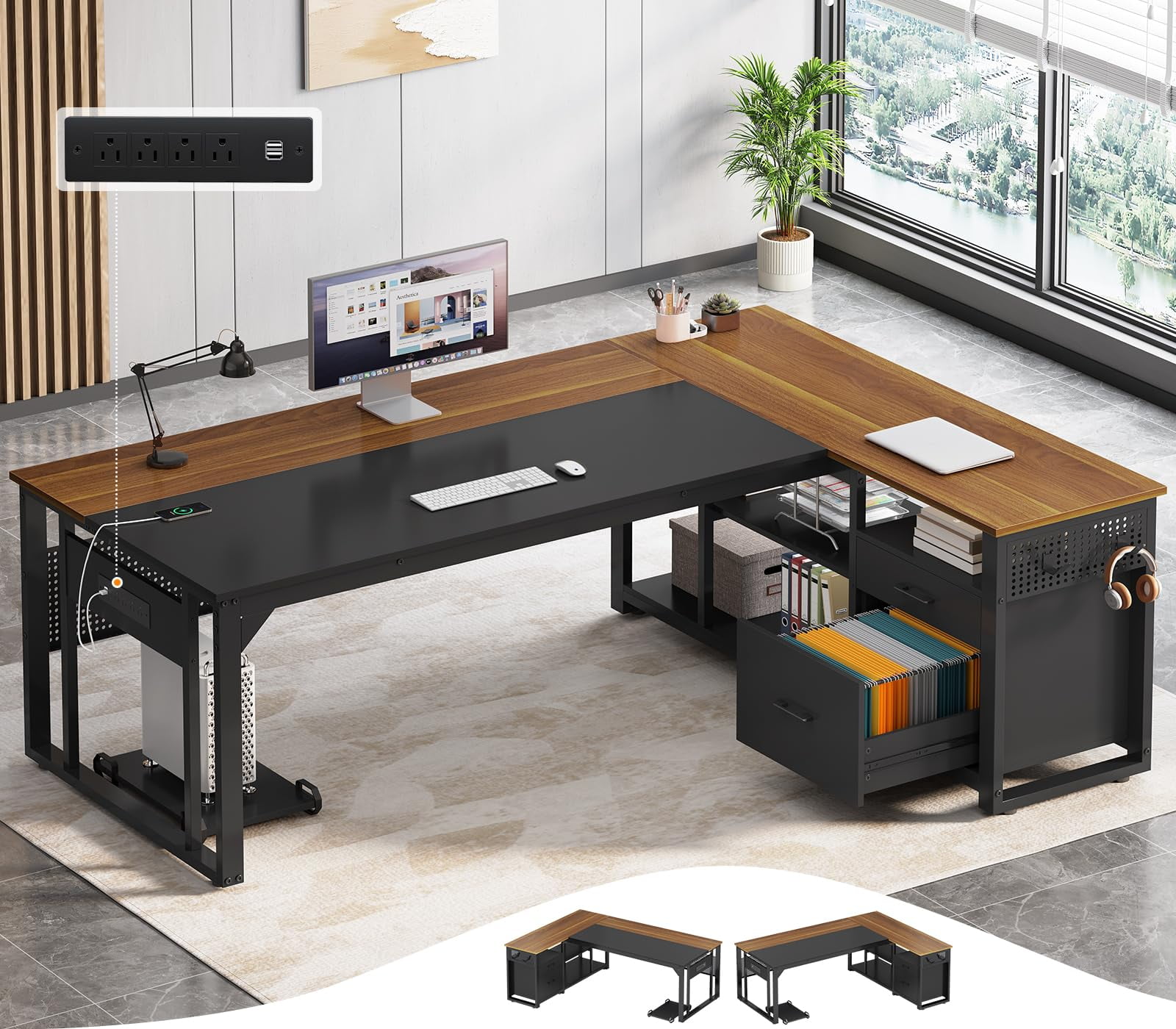 71 in Executive Desk with Power Outlets, Reversible L Shaped Computer Desk with File Drawers & Storage Shelves, Large Office Desk with Pegboard, Mobile CPU Stand, Modern Corner Desk (Walnut)