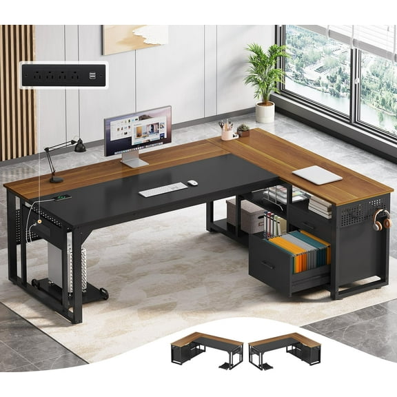 71 in Executive Desk with Power Outlets, Reversible L Shaped Computer Desk with File Drawers & Storage Shelves, Large Office Desk with Pegboard, Mobile CPU Stand, Modern Corner Desk (Walnut)