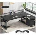 thumbnail image 1 of 71 in Executive Desk with Power Outlets, Reversible L Shaped Desk with File Drawers & Storage Shelves, Large Office Desk Computer Desk with Pegboard, Mobile CPU Stand, Modern Corner Desk (Black), 1 of 7