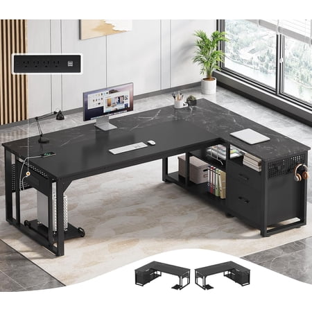 71 in Executive Desk with Power Outlets, Reversible L Shaped Desk with File Drawers & Storage Shelves, Large Office Desk Computer Desk with Pegboard, Mobile CPU Stand, Modern Corner Desk (Black)
