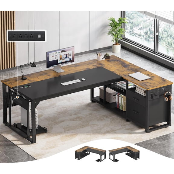 71 in Executive Desk with Power Outlets, Reversible L Shaped Desk with File Drawers & Storage Shelves, Large Office Desk Computer Desk with Pegboard, Mobile CPU Stand, Modern Corner Desk