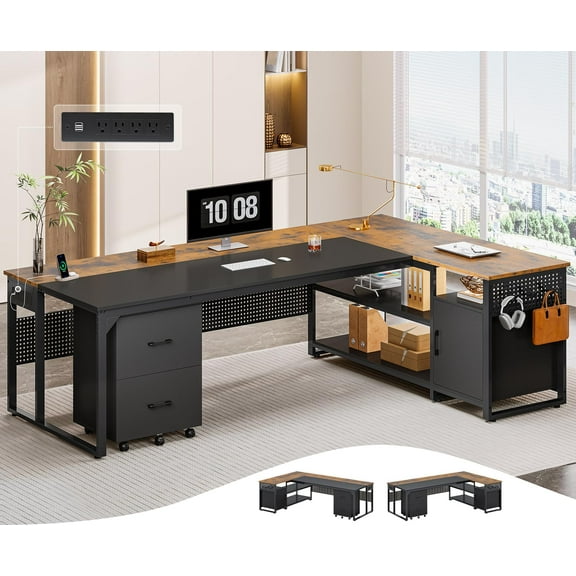71" Executive Desk, Reversible L Shaped Desk with Mobile File Cabinet & Power Outlets, Large Office Desk with Drawers, Storage Shelves, Hooks, Corner Computer Desk for Home Office