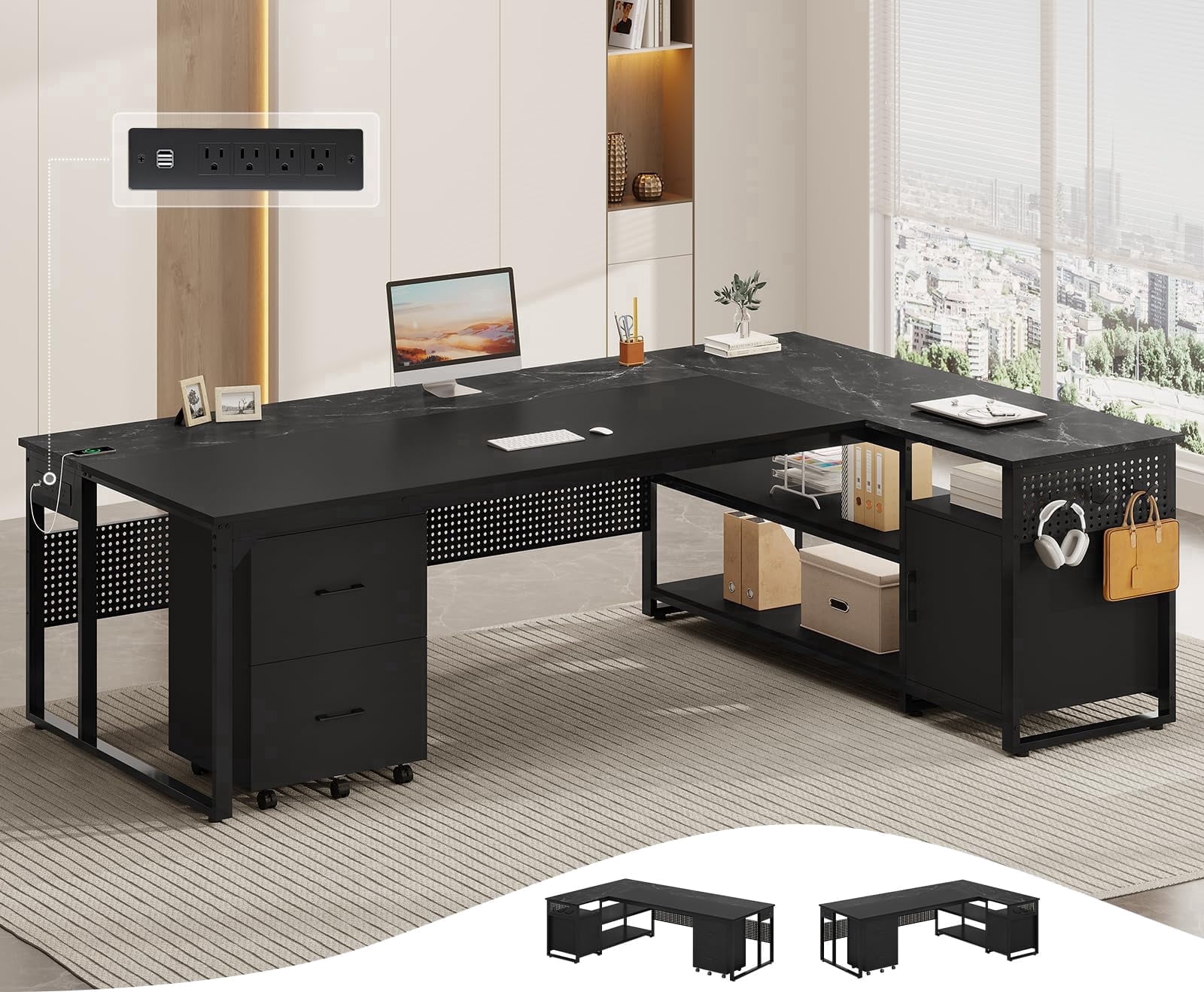 71" Executive Desk with Rolling File Cabinet, L Shaped Reversible Home Office Desk with Power Outlets, Drawers, Shelves, Hooks, Black