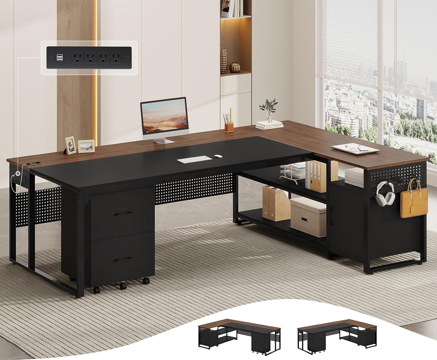 71" Executive Desk with Rolling File Cabinet, L Shaped Computer Desk with Power Outlets, Reversible Gaming Corner Desk with Drawers, Storage Shelves, Hooks for Home Office (Walnut)