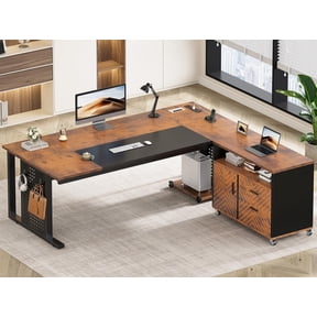 SEDETA 71" Executive Desk with Rolling File Cabinet, Large Office Desk with Drawers, L Shaped Computer Desk with Power Outlets, CPU Stand, Pegboard and Storage Shelves, Rustic Brown