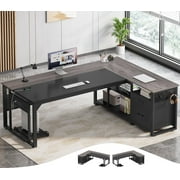 71 Executive Desk with Power Outlets, Modern L Shaped Office Desk with File Drawers and Pegboard, Large Computer Desk, Gray