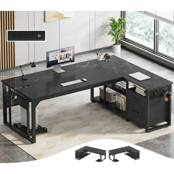 71" Executive Desk with Power Outlets, Modern L Shaped Office Desk with File Drawers and Pegboard, Large Computer Desk, Marble Black