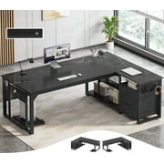 71" Executive Desk with Power Outlets, Modern L Shaped Office Desk with File Drawers and Pegboard, Large Computer Desk, Marble Black