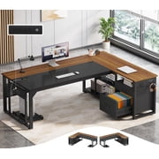 71 L Shaped Executive Desk with Power Outlets, Modern Office Desk with File Drawers and Pegboard, Large Computer Desk, Walnut