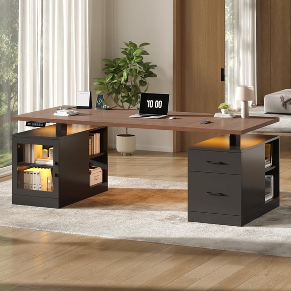 71" Executive Standing Desk, Electric Height Adjustable Desk with Storage Drawers, Glass Cabinet, Wood Stand up Corner Computer Desks with Power Outlet and LED Light, Black