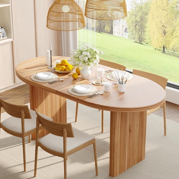 71" Extendable Dining Table Oval with Removable Extension Leaves, Mid-Century Modern Space Saving Kitchen Table for 2-6 People, Rounded Corners Easy Assembly for Dining Room Living Room Walnut