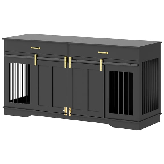 71'' Extra Large Double Dog Crate with Removable Divider, Heavy Duty Dog Kennel Furniture with 2 Drawers & Sliding Door, Wood Indoor Pet Cage Decorative End Table TV Stand, for Large Medium Breeds