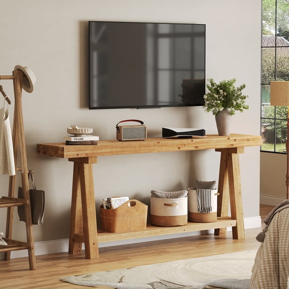 71" Extra-Long TV Stand for 6575" TVs, Solid Wood Farmhouse Media Console with 2-Tier Storage Shelf, Entertainment Center for Living Room or Bedroom