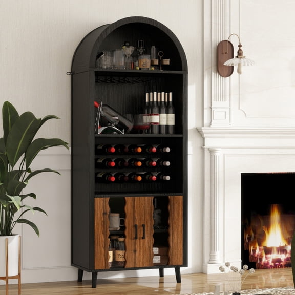 71"Farmhouse Arched Wine Bar Cabinet: tall arched display cabinet , arch black cabinets &coffee bar, whiskey station with wine rack and Wine Glass Holder - Liquor Bars Cabinet for Living Dining Room
