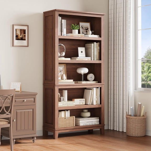 71" Farmhouse Bookcase w/Adjustable Shelves & 31.5" Width, 5 Tier Tall Bookshelf with Wooden Legs, Rustic Vintage Book Shelf for Living Room Office Library