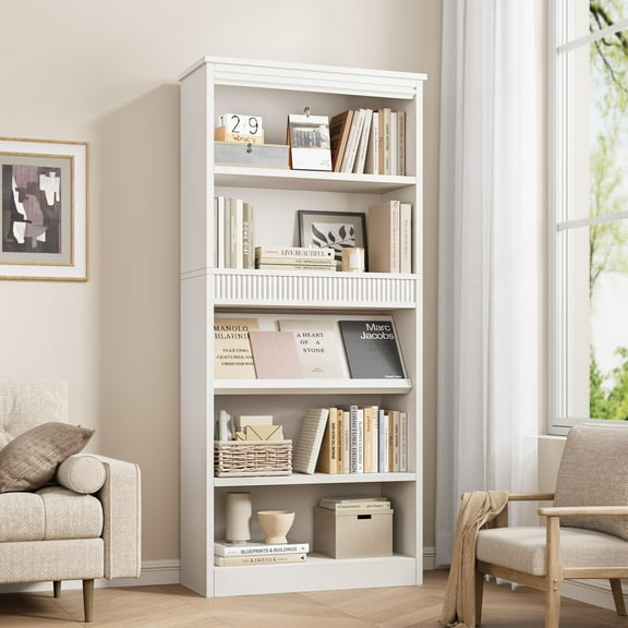 71" Farmhouse Bookcase with Fluted Design & Display Rack – 5-Tier Tall Bookshelf, Wooden Base, Vintage Style for Office, Library