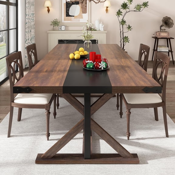 71" Farmhouse Dining Table for 5 6 8 People, Rectangular Kitchen Table W/Thickness Waterproof Wood Grain Tabletop (Brown, 71 x 35.4 x 30 in)