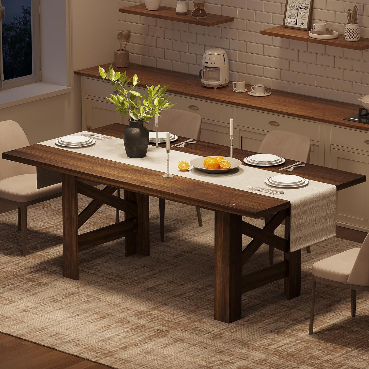 71" Farmhouse Dining Table for 6-8, Large Wooden Table with Thick Frame and Stable Triangular Legs for Kitchen or Office