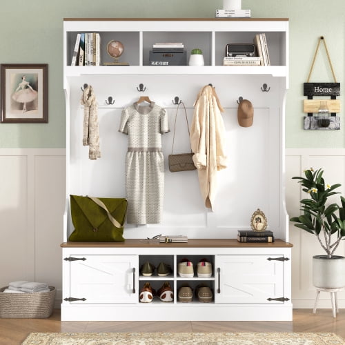 71" Farmhouse Hall Tree with Bench and Shoe Storage, 5-in-1 Entryway Organizer with Coat Rack, 4 Shoe Cubbies, 7 Hooks, White