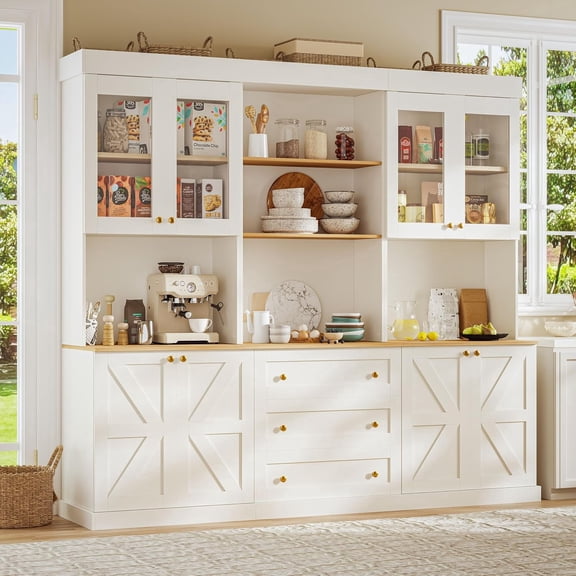 Sunix Farmhouse Pantry Cabinet Set of 3, 71" Tall Freestanding Storage with Glass Doors, 3 Drawers, Microwave Shelf