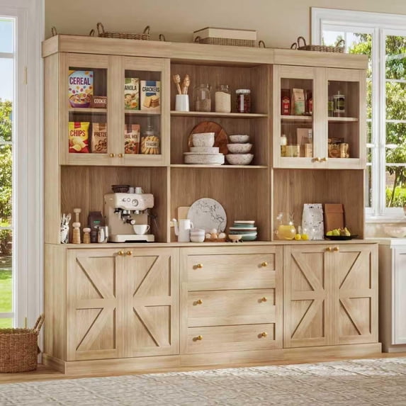 Farmhouse 70.8" Pantry Cabinet 3-Pack, Light Brown, Glass Doors, Drawers, Freestanding Microwave Stand, Adjustable Shelves