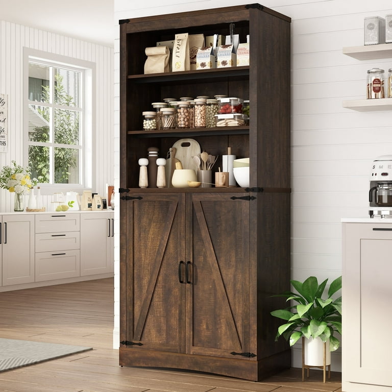 71 Tall Farmhouse Kitchen Pantry with Adjustable Shelves 5 Layers Pantry Storage Cabinet with 2 Barn Doors Load Bearing Steel Pipe for Kitchen Dining Room Living Room Brown Walmart