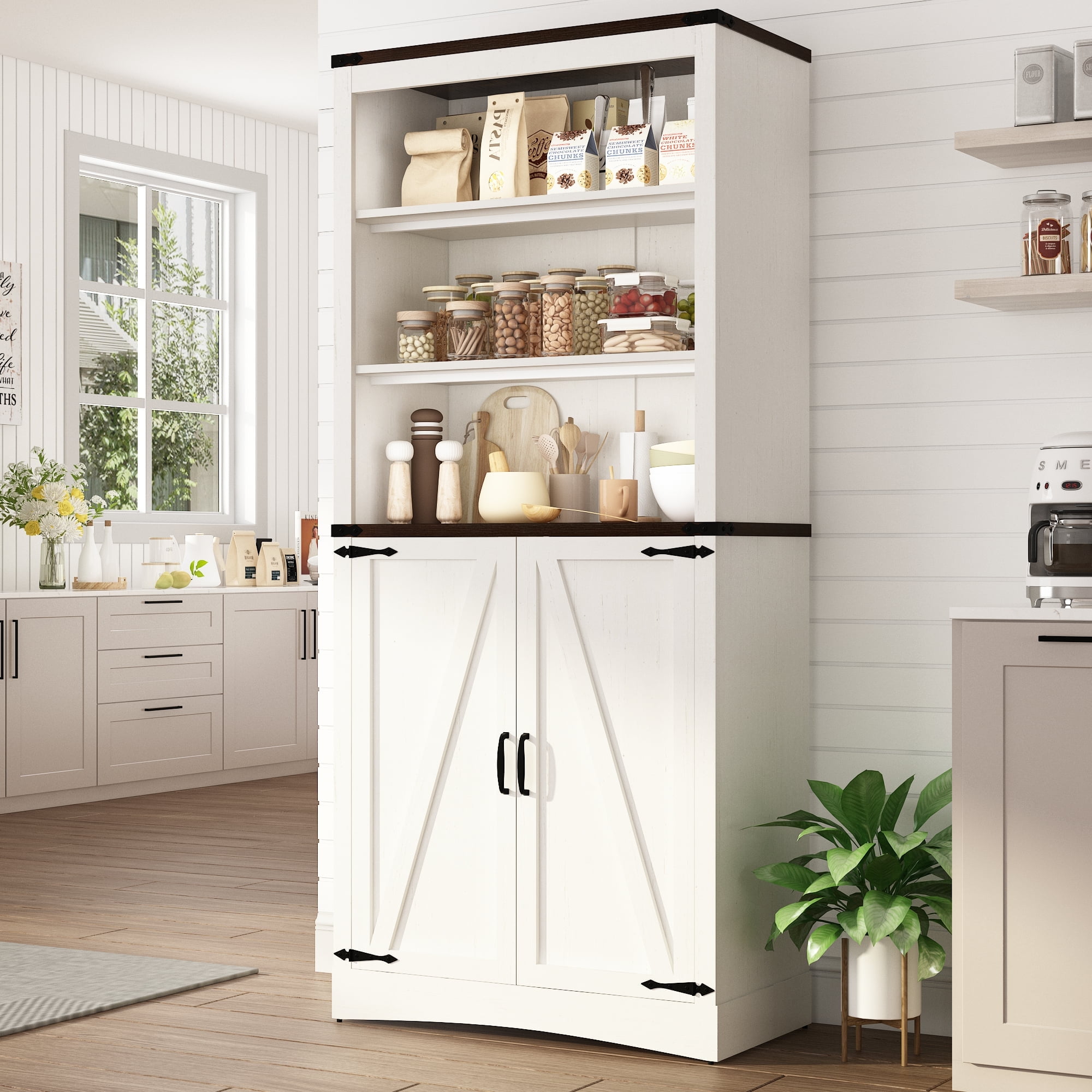 71 Tall Farmhouse Kitchen Pantry Cabinet 5 Layers Storage Cabinet with Adjustable Shelves Farmhouse Pantry Cabinet with 4 Barn Doors for Kitchen Dining Room Bathroom Living Room Rustic White Walmart.c...