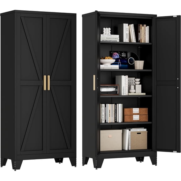 71'' Farmhouse Metal Storage Cabinet with Barn Doors,Steel File Cabinet for Home Office,Kitchen Pantry 4 Adjustable Shelves,Freestanding Cupboard for Kitchen,Home Office (Black)