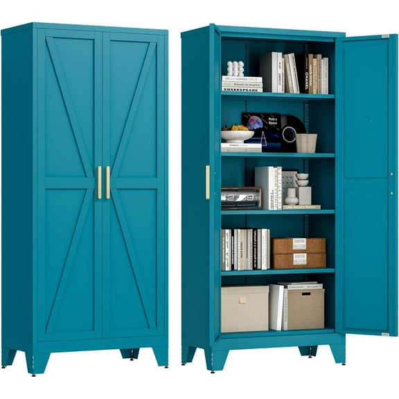 71'' Farmhouse Metal Storage Cabinet with Barn Doors,Steel File Cabinet for Home Office,Kitchen Pantry 4 Adjustable Shelves,Freestanding Cupboard for Kitchen,for Office, Home (Peacock Blue)