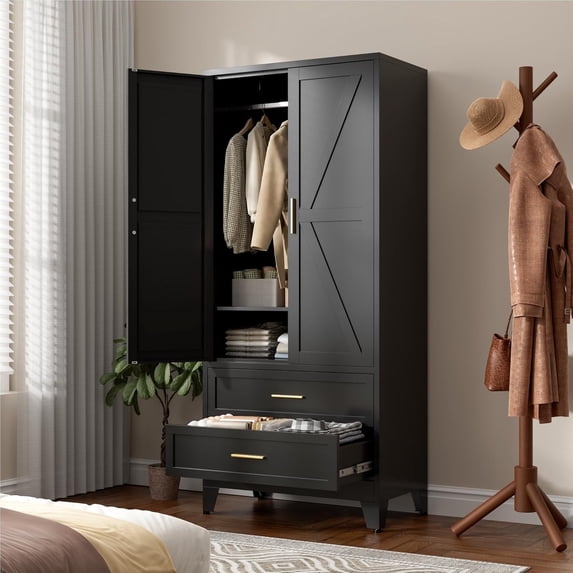 Elegant 71'' Farmhouse Metal Wardrobe Cabinet with Hanging Rod, 2 Barn Doors Armoire Closet with 2-Drawers for Bedroom,Home,Office,Black