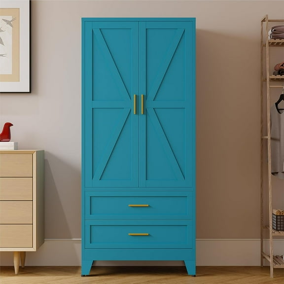 71'' Farmhouse Metal Wardrobe Cabinet with Hanging Rod, 2 Barn Door Wardrobe Closet with Adjustable Shelves,2 Drawer,for Dining Room,Bedroom,Living Room, Cloak Room,Office (Peacock Blue)