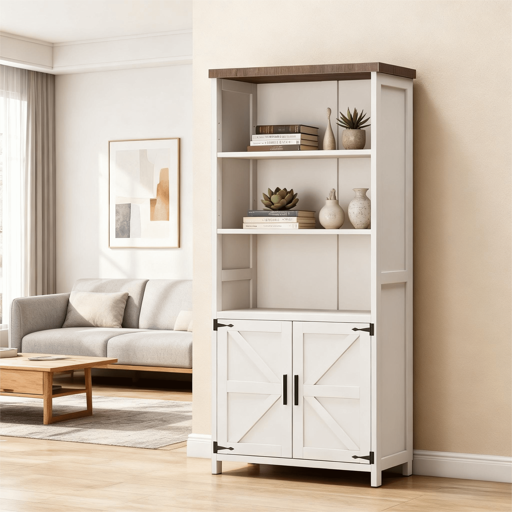 5-Shelf Farmhouse Bookshelf with Doors, 70" Rustic Display Cabinet & Large Storage for Home Office, Living Room, Bedroom, Off-White