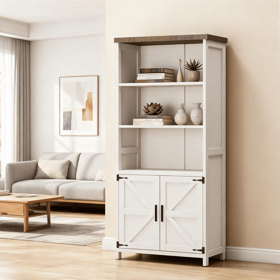 5-Shelf Farmhouse Bookshelf with Doors, 70" Rustic Display Cabinet & Large Storage for Home Office, Living Room, Bedroom, Off-White