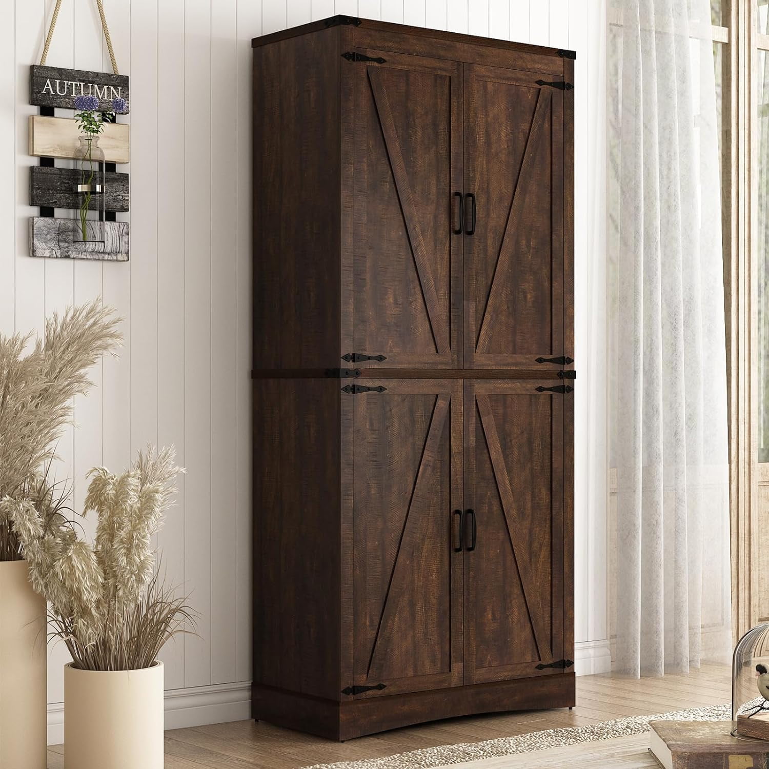 71 Farmhouse Tall Kitchen Pantry 5 Layers Storage Cabinet with Adjustable Shelves Farmhouse Pantry Cabinet with 4 Barn Doors for Kitchen Dining