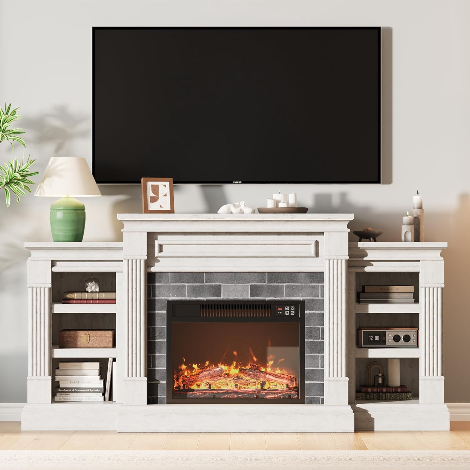 71" Fireplace TV Stand with 23" Electric Fireplace, Mid Century TV ...