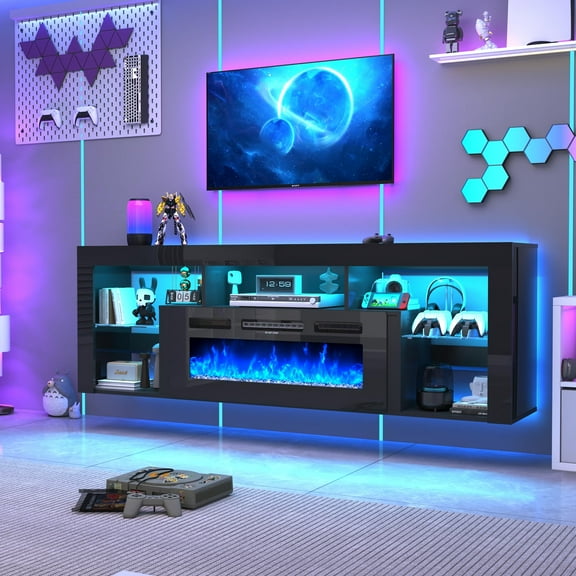 71'' Floating Fireplace TV Stand for 75/80''TV with 40'' Fireplace, LED Modern Black High Gloss Entertainment Center w/lights, Power Outlet, Adjustable Shelf, 2-Tier TV Console Cabinet with Storage