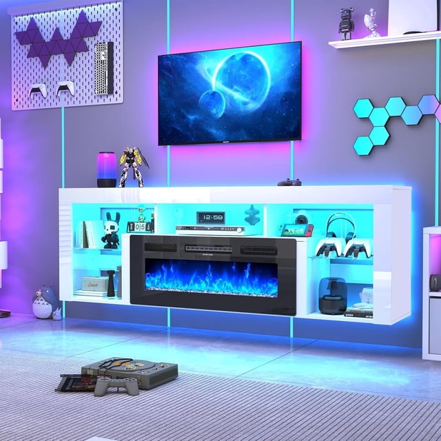 71'' Floating Fireplace TV Stand for 75/85''TV with 40'' Fireplace, LED Modern White High Gloss Entertainment Center w/lights, Power Outlet, Adjustable Shelf, 2-Tier TV Console Cabinet with Storage