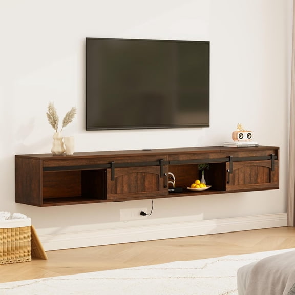 71" Floating TV Stand with Power Outlet, Farmhouse Wall Mounted Entertainment Center for 75 inch TV, Floating Media Console Shelf with Sliding Barn Doors for Living Room, Bedroom, Rustic Brown