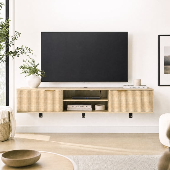 71" Floating TV Stand Wall Mounted – Entertainment Center with LED Lights, Power Outlet, and Fluted Storage, Media Console for Living Room Natural Wood