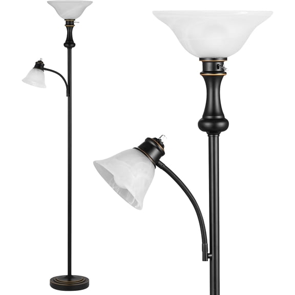 71'' Floor Lamps for Living Room, Tall Floor Lamp for Bedroom with Adjustable Angle Arc Reading lamp, Modern Torchiere Standing lamp with Glass Shade, Knob Switch, Bulb Included, Black