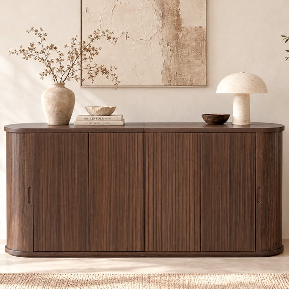 71'' Fluted Sideboard Buffet Cabinet with Sliding Doors, Large Coffee Bar Storage Credenza, Kitchen Storage Table with Rounded Oval Corners, Walnut