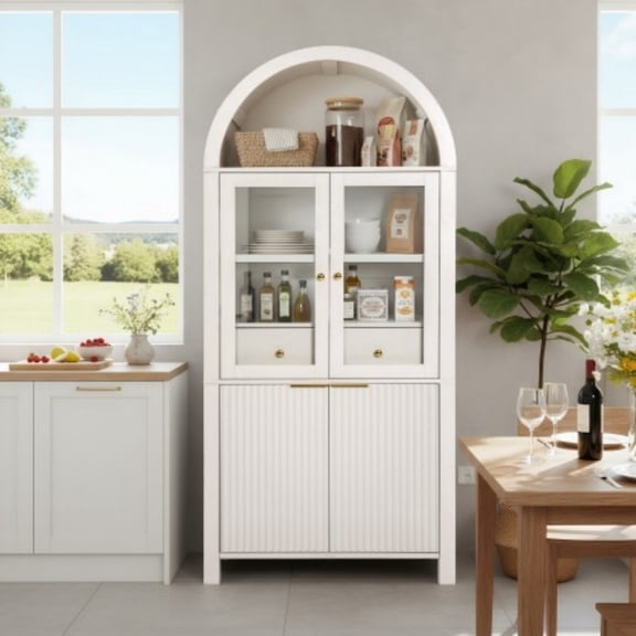 71" Fluted Tall Arched Pantry Cabinet with Glass Door, Hidden Drawer & Adjustable Shelves, Freestanding Storage Display Cabinet for Kitchen Dining Room Living Room, White