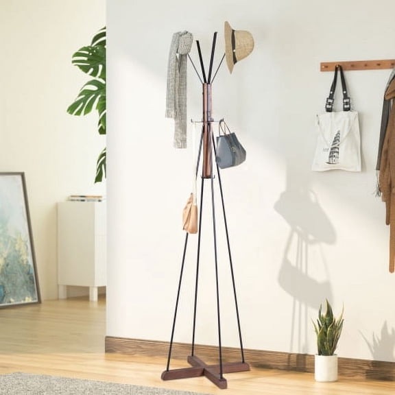 71" Freestanding Coat Rack with 8 Hooks, Wood and Metal Hall Tree Coat Stand with Stable Cross Base, Entryway Clothes Rack for Jackets, Hats, Bags, Bedroom, Living Room & Office, Natural