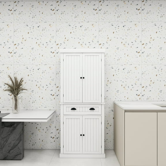 71" Freestanding Pantry Cabinet - White. 4 Doors, Drawer, 2 Adjustable Shelves. Provides Ample Storage. Chic Design, Painted, Stable Structure, Effortless Assembly. For Kitchen & Living Areas