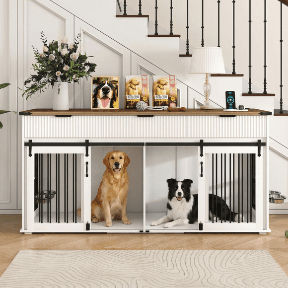 71'' Furniture Style Double Dog Crate with 3 Fluted Drawers and Waterproof Walnut Woodgrain Tabletop,Large Dog Kennel Furniture with Type-C Power Outlet & Rotating Feeders for Heavy Duty Dogs(White)