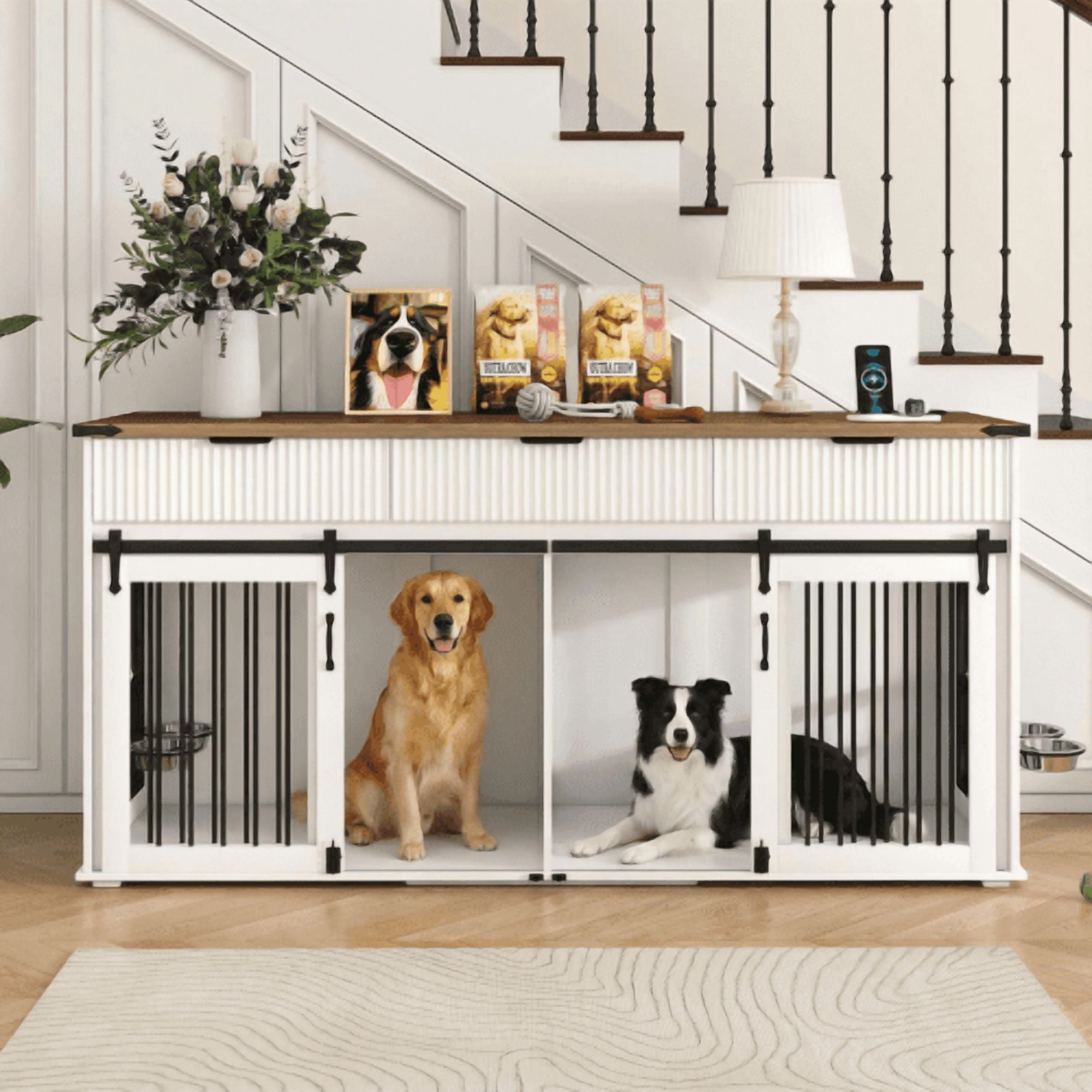 71'' Furniture Style Double Dog Crate  with 3 Fluted Drawers and Waterproof Walnut Woodgrain Tabletop,Large Dog Kennel Furniture with Type-C Power Outlet & Rotating Feeders for Heavy Duty Dogs(White)