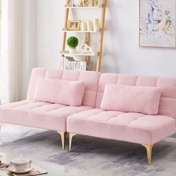 71" Futon Sofa Bed, Convertible Sofa, Multifunctional Sofa with Gold Metal Legs Teddy Fabric Three Backrest Settings for Small Spaces Apartment Studio, Pink